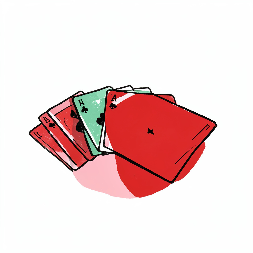Kırmızı ve lacivert tonlarda, zar ve kart destesi bulunan el çizimi casino sahnesi